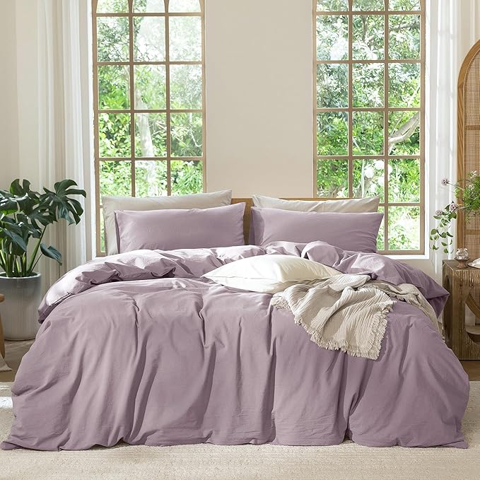 MooMee Bedding Duvet Cover Set 100% Washed Cotton Linen Like Textured Breathable Durable Soft Comfy (Solid Taro Purple, Cal King 104"x98")
