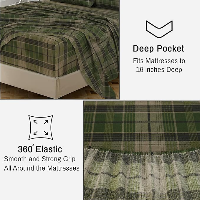 RUVANTI Flannel Sheets Queen Size - 100% Cotton Double Brushed Bed Sheets, Deep Pockets 16 Inches Queen Sheet Set, All Seasons Breathable & Extra Soft - Warm & Cozy, 4 Piece, DNA Plaid