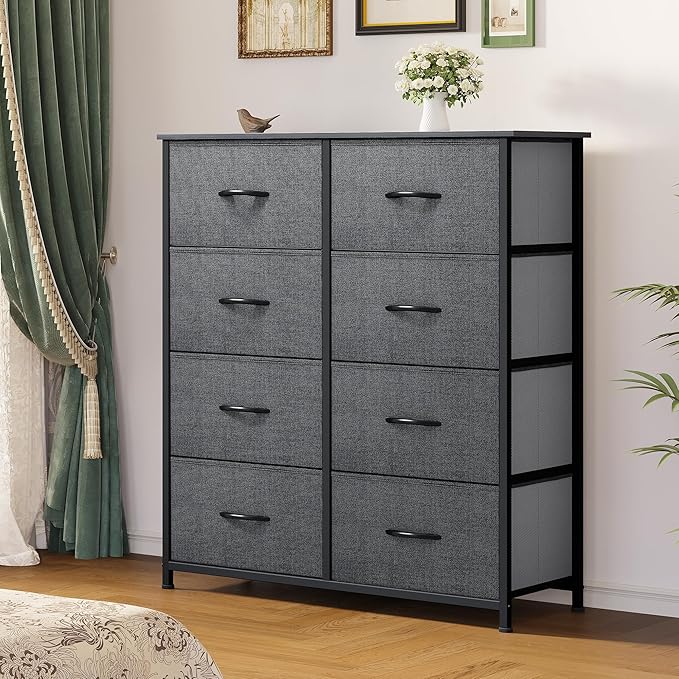 YITAHOME Dresser for Bedroom, Double Dresser with 8 Drawers, Storage Tower with Fabric Bins, Chest of Drawers for Closet & Living Room (Black Wood Grain)