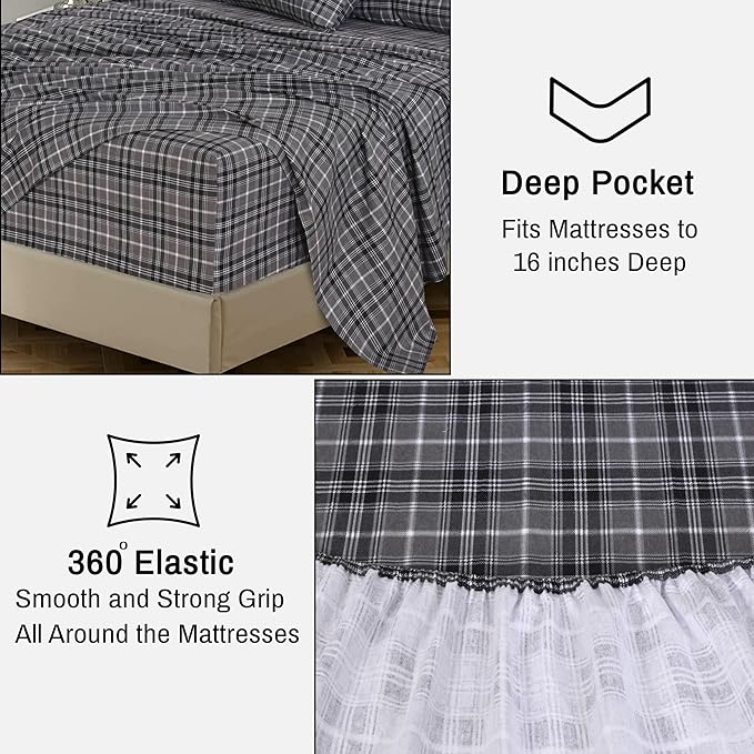 RUVANTI Flannel Sheets King Size - 100% Cotton Brushed King Size Sheets Set - Deep Pockets 16 Inches Bed Sheets - All Seasons Breathable & Extra Soft - Warm & Cozy, 4 Piece, Grey Plaid