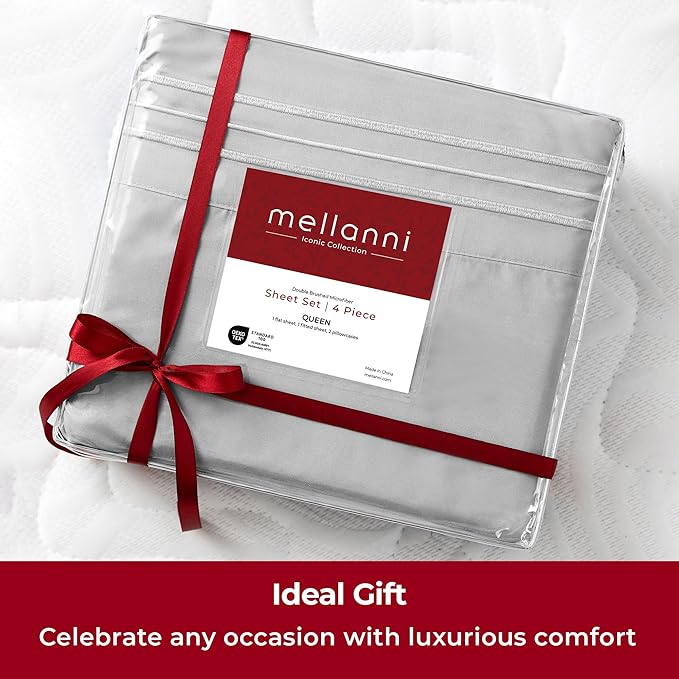 Mellanni Extra Deep Split King Sheets - 5 PC Iconic Collection Bedding - Hotel Luxury, Ultra Soft, Cooling Bed Sheets - Wrinkle, Fade, Stain Resistant (Split King, Light Gray)