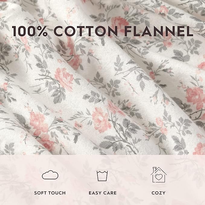 Laura Ashley - Flannel Sheets Queen Size, Anti-Pilling & Wrinkle Resistant Cotton, Touchably Soft for All-Season Comfort - Bed Sheets with Matching Pillowcases & Fitted Sheet (Rosalie Grey)