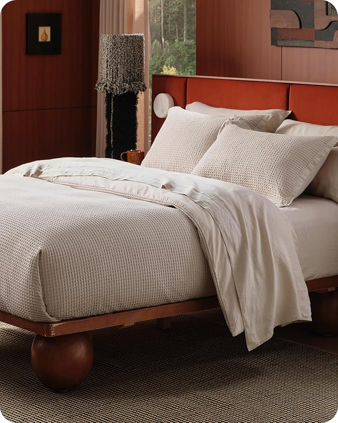 Bedsure Cotton Duvet Cover Set - 100% Cotton Waffle Weave Linen Duvet Cover Oversized King Size, GentleSoft™ and Breathable Bedding Set for All Season, 3 Pieces, 120"x98"