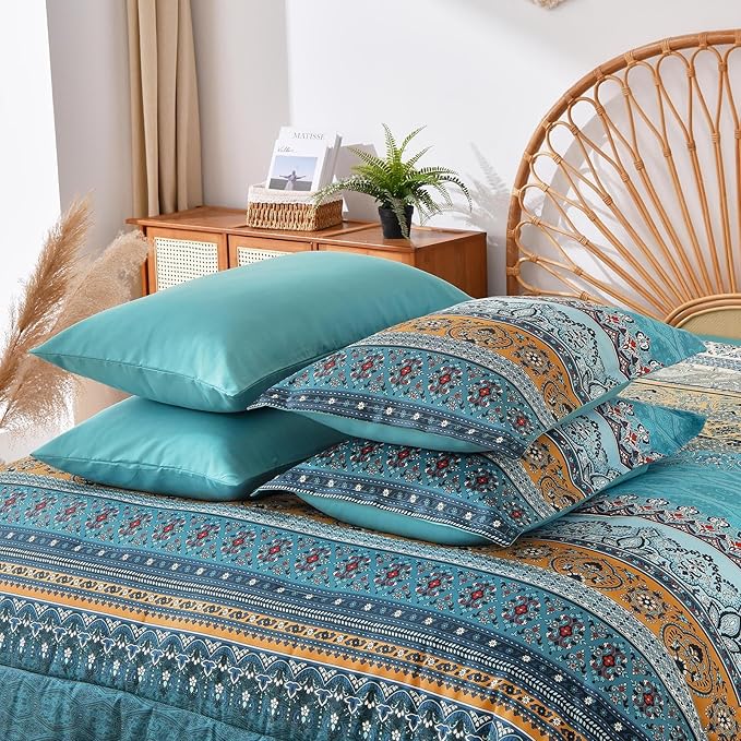 Cottolester Boho Queen Comforter Set 8 Pieces,Teal and Yellow Bohemian Comforter Paisley Striped Bed in A Bag,Soft Microfiber Bedding Set for All Season