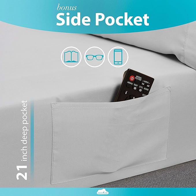 DREAMCARE Twin XL Sheet Sets – 3pcs Cooling Sheets – up to 21” Extra Deep Pocket Twin XL Sheets Set – Hotel Luxury Sheets & Pillowcases – Superior Softness 100% Fine Microfiber with Side Pocket –LGray