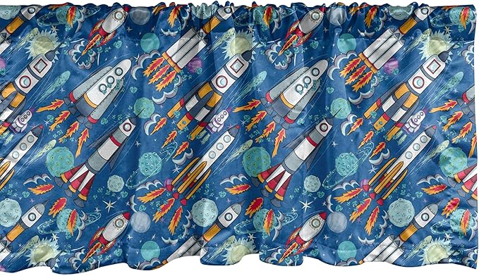 Ambesonne Spaceship Window Valance Pack of 2, Hand-Drawn Cartoon Spaceships Planets and Stars Outer Space Exploration Theme, Rod Pocket Curtain Valances for Kitchen Bedroom, 54" X 12", Violet Blue