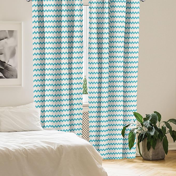 Ambesonne Teal Curtains, Horizontal Zigzag Lines Chevron Triangles Pattern Simple Classical Geometric Design, Window Treatments 2 Panel Set for Living Room Bedroom, Pair of - 28" x 84", Cream Teal