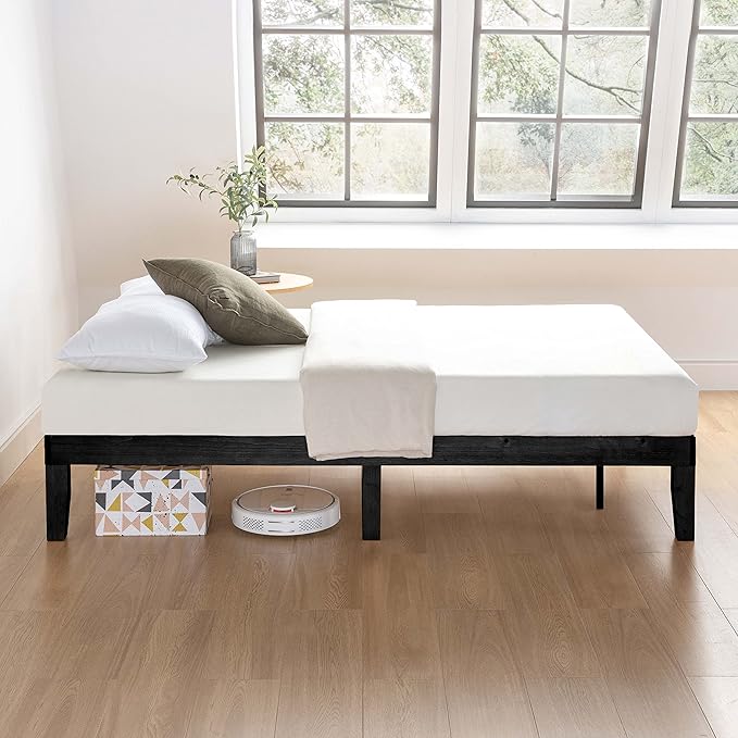 Mellow Naturalista Classic 12 Inch Solid Wood Platform Bed with Wooden Slats, Full, Black