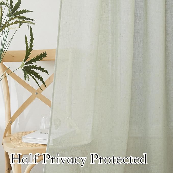 RYB HOME Linen Blend Curtains, Semi Translucent Privacy Protection Light Filtering Decorative Window Drapes for Living Room Bedroom Laundry Room, W 70 x L 95 inches, Sage Green, 2 Panels