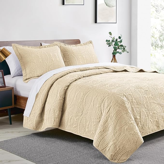 Love's cabin Quilts for Full Bed Camel Bedspreads Bedding Set - Lightweight Bedspread Comforter - Coin Pattern Bedding Coverlet for All Season - 3 Pieces (1 Quilt, 2 Pillow Shams)