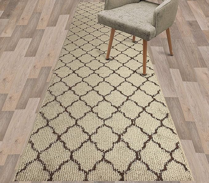 Custom Size Modern Runner Rug Carpet for Hallway Entryway Foyer Kitchen, Slip Resistant Latex Rubber Backed 31 inch Wide X Customized Length, Trellis Beige, 31 inch X 16 feet