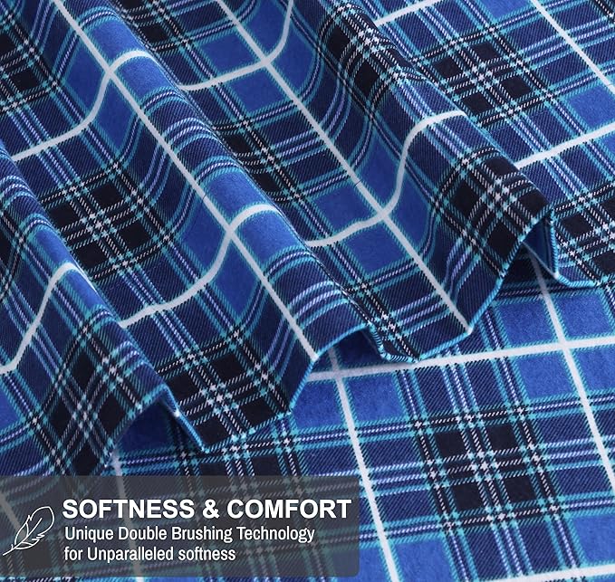 RUVANTI Flannel Sheets Full Size - 100% Cotton Double Brushed Bed Sheets Set, Deep Pockets 16 Inches, All Seasons Breathable & Extra Soft Full Sheets, Warm & Cozy, 4 Piece, Blue Plaid