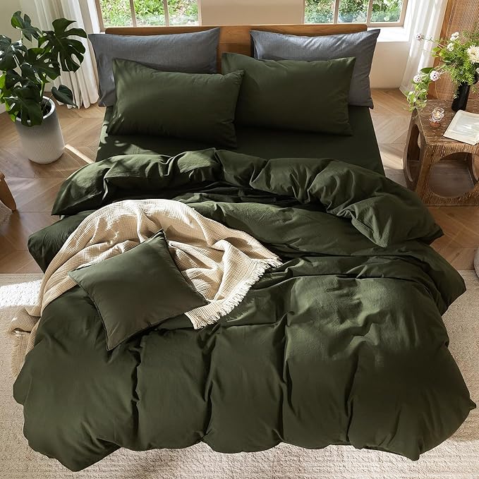 MooMee Bedding Duvet Cover Set 100% Washed Cotton Linen Like Textured Breathable Durable Soft Comfy (Solid Olive Green, Cal King 104"x98")