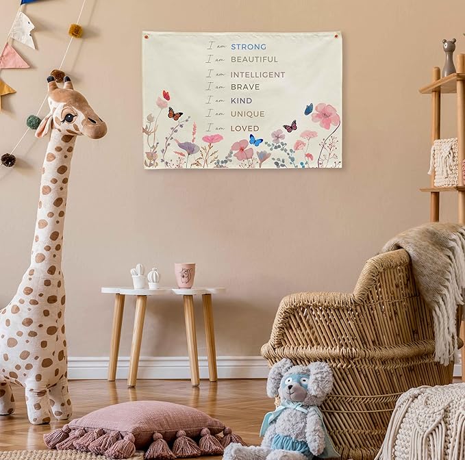 Positive Boho Girls Room Rectangular Banner Flag Wall Sign Decor Gift for Nursery Above Crib Bedroom Playroom Reading Room Essential Wall Decor-Baby Shower Christmas Gift-I Am Strong I Am Beautiful