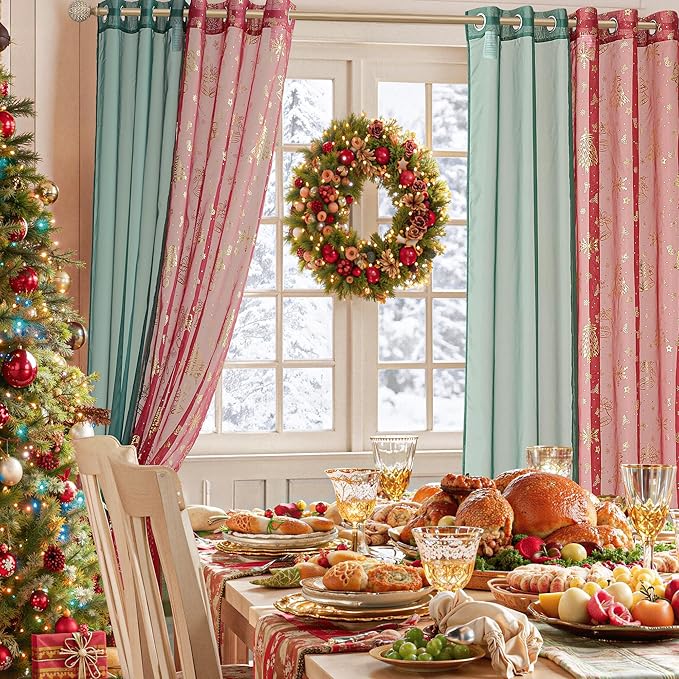 NICETOWN Christmas Window Curtains Set, 2 Pcs W29xL96 Green Sheer + 2 Pcs W40xL96 Gold Foil Stamped for Christmas Home Decoration