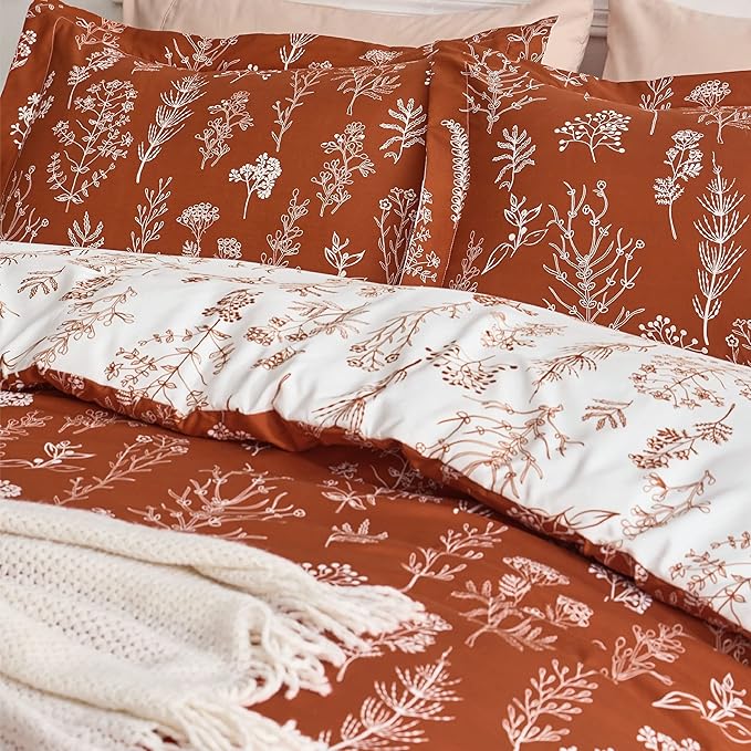 Bedsure King Comforter Set - Terracotta Bed Set, 3 Pieces Cute Floral Bedding, 1 Soft Reversible Botanical Flowers Comforter and 2 Pillow Shams