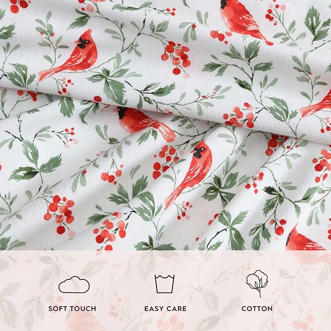 Laura Ashley - Flannel Sheets Full Size, Anti-Pilling & Wrinkle Resistant Cotton, Touchably Soft for All-Season Comfort - Bed Sheets with Matching Pillowcases & Fitted Sheet (Jolly Cardinals Green)