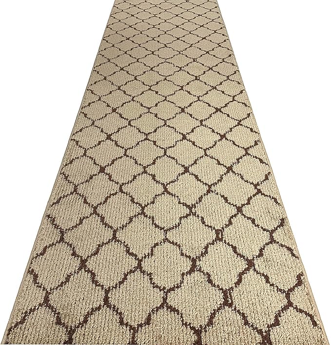 Custom Size Modern Runner Rug Carpet for Hallway Entryway Foyer Kitchen, Slip Resistant Latex Rubber Backed 31 inch Wide X Customized Length, Trellis Beige, 31 inch X 24 feet