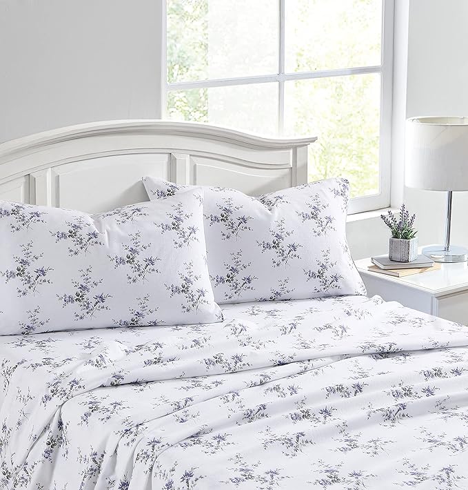 Laura Ashley - Flannel Sheets Queen Size, Anti-Pilling & Wrinkle Resistant Cotton, Touchably Soft for All-Season Comfort - Bed Sheets with Matching Pillowcases & Fitted Sheet (Jessika Lavender)