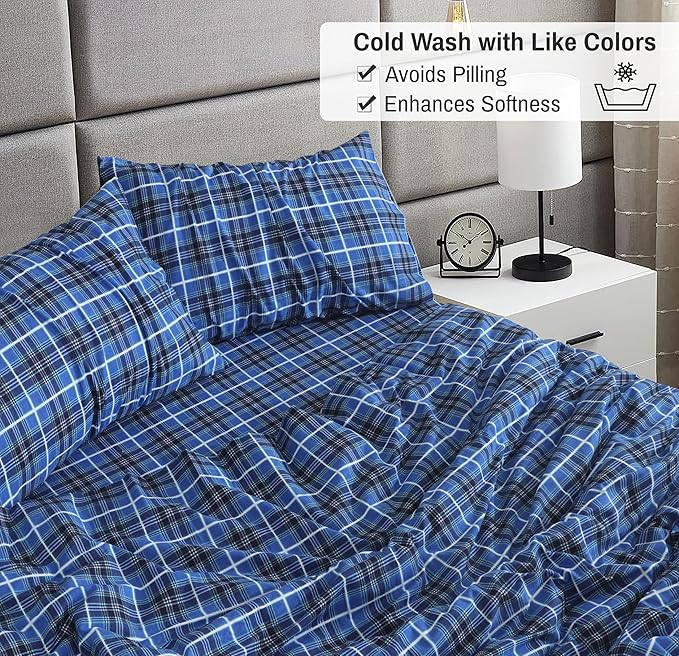 RUVANTI Flannel Sheets Twin XL Size - 100% Cotton Double Brushed Twin XL Sheet Sets, Deep Pockets 16 Inches, All Seasons Breathable & Extra Soft Bed Sheets, Warm & Cozy, 3 Piece, Blue Plaid