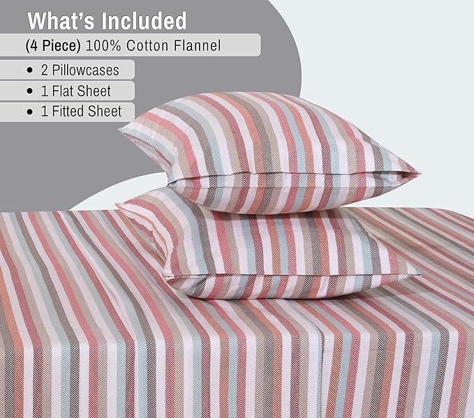 RUVANTI Flannel Sheets King Size - 100% Cotton Brushed King Size Sheets Set - Deep Pockets 16 Inches Bed Sheets - All Seasons Breathable & Extra Soft - Warm & Cozy, 4 Piece, Multi Chevron Stripe