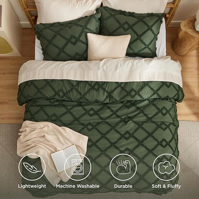 Bedsure Boho Comforter Set King - Olive Green Tufted King Size Comforter, 3 Pieces Farmhouse Shabby Chic Embroidery Bed Set, Soft Fluffy Geometric Pattern Bedding for All Seasons