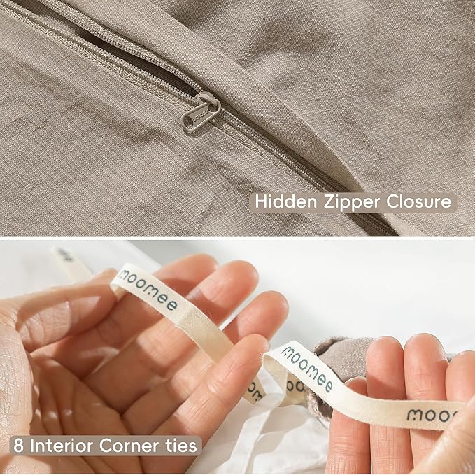 MooMee Bedding Duvet Cover Set 100% Washed Cotton Linen Like Textured Breathable Durable Soft Comfy (Heathered Taupe, Palatial King/Oversized King 120"x98")