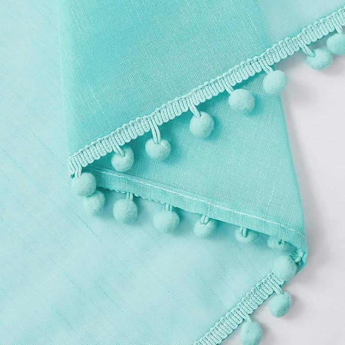 Treatmentex Pompom Sheer Curtains for Kids-Room 72" Aqua-Blue Slub Textured Window Sheer Panels for Bedroom Living Room 52" Wide, 2 Panels Rod Pocket