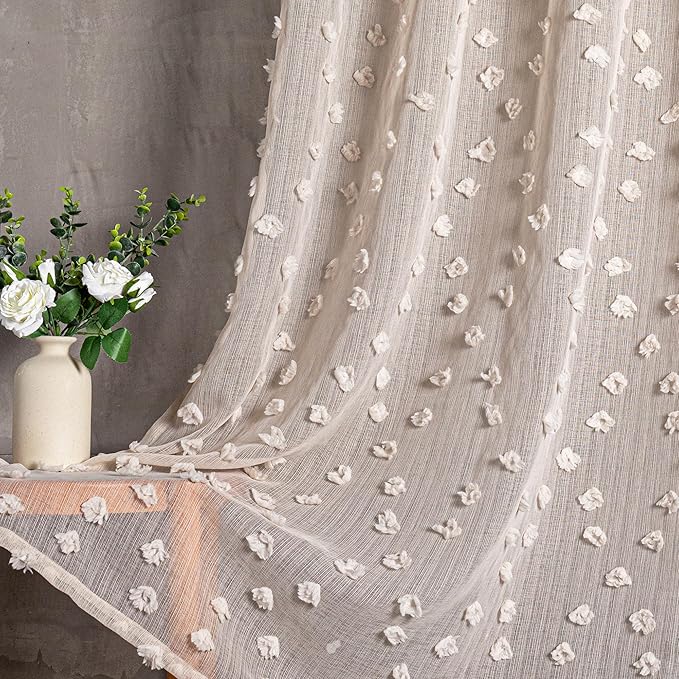 MYSKY HOME Pom Pom Beige Sheer Curtains for Bedroom Girls Room Curtains 84 Inches Long for Nursery Kids Light Filtering Boho Window Drapes, Rod Pocket, 38" Wide, 2 Panels