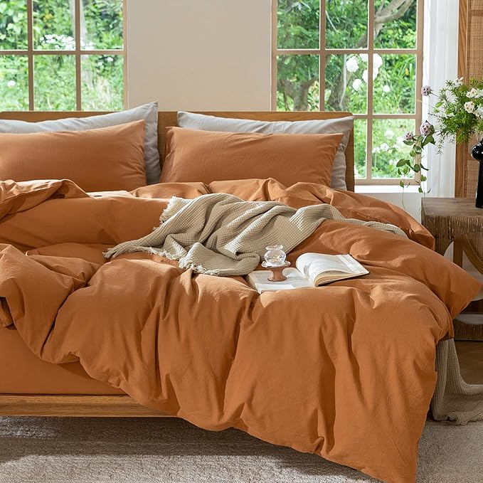 MooMee Bedding Duvet Cover Set 100% Washed Cotton Linen Like Textured Breathable Durable Soft Comfy (Solid Burnt Orange, Super Queen 90"x98")