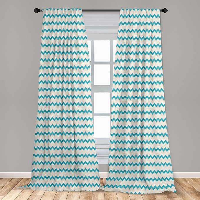 Ambesonne Teal Curtains, Horizontal Zigzag Lines Chevron Triangles Pattern Simple Classical Geometric Design, Window Treatments 2 Panel Set for Living Room Bedroom, Pair of - 28" x 84", Cream Teal