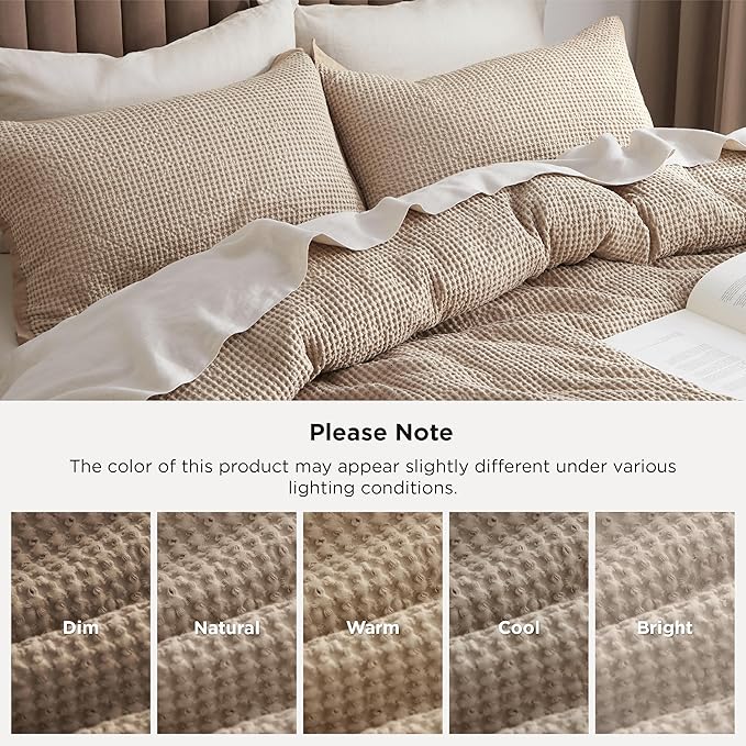 Bedsure Cotton Duvet Cover Queen - 100% Cotton Waffle Weave Khaki Duvet Cover Queen Size, GentleSoft™ and Breathable Tan Bedding Set for All Season, 3 Pieces, 90"x90"