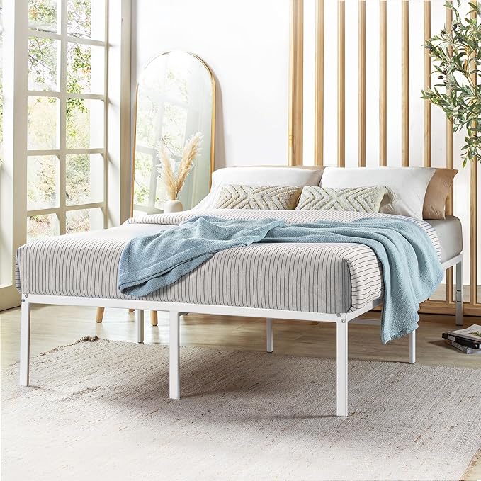 Best Price Mattress 18 Inch Metal Platform Bed Frame, Heavy Duty Steel Slats, White, Queen