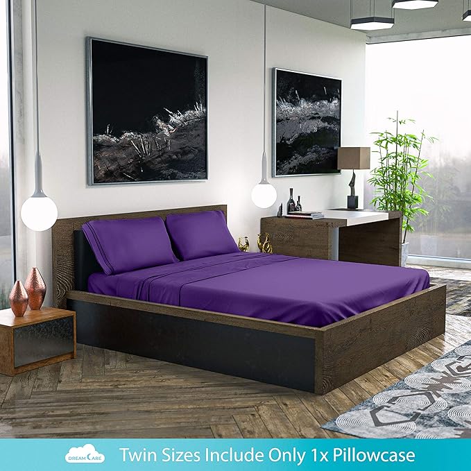 DREAMCARE Twin XL Sheet Sets – 3pcs Cooling Sheets – up to 21” Extra Deep Pocket Twin XL Sheets Set – Hotel Luxury Sheets & Pillowcases – Superior Softness 100% Fine Microfiber with Side Pocket Purple