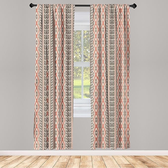 Ambesonne Southwestern Window Curtains, Traditional Vertical Borders Inspired by Prehistoric Art Ikat Style, Lightweight Decorative Panels Set of 2 with Rod Pocket, Pair of - 28" x 84", Brown Coral