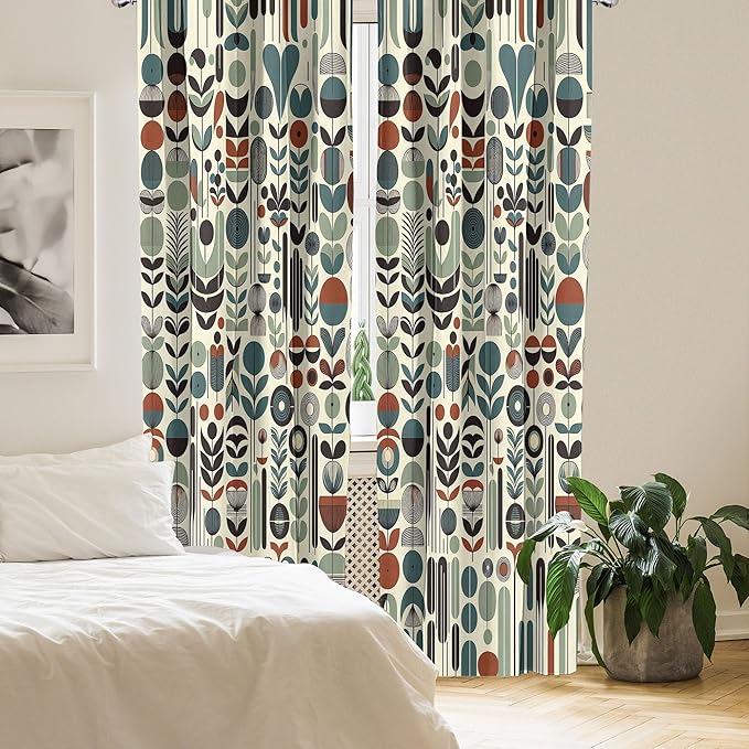 Ambesonne Leafy Art Window Curtains Pack of 2, Scandinavian Leaves Pattern with Geometric Roundy Modern Boho Print, Lightweight Set with Rod Pocket, 4 Panels of - 28" x 63", Pale Green Redwood Teal