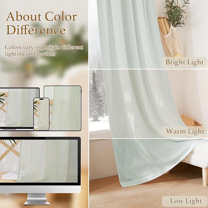 RYB HOME Flax Linen Blend Curtains for Closet Kitchen, Semi Translucent Privacy Protection Light Filtering Decorative Short Small Window Drapes for Bedroom, W 52 x L 36 inches, Sage Green, 2 Panels