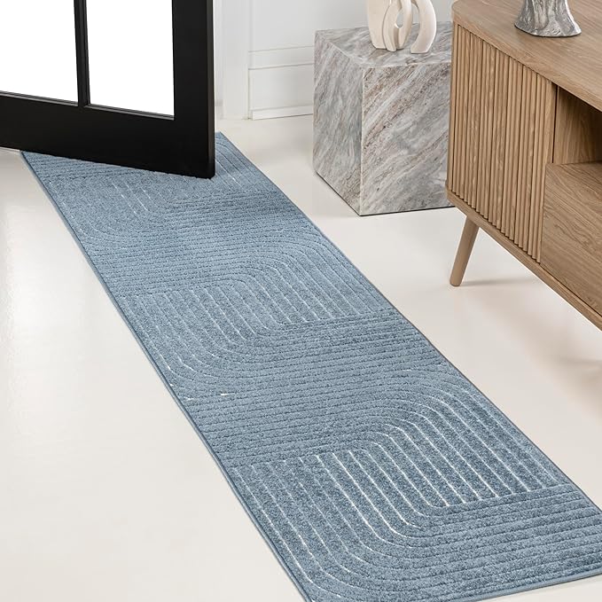 Eyely NCS101D-28 Odense High-Low Minimalist Angle Geometric Dark Blue/Cream 2 ft. x 8 ft. Indoor/Outdoor Runner Rug, for Home, Backyard, Patio, Porch, Bedroom, Kitchen, Living Room