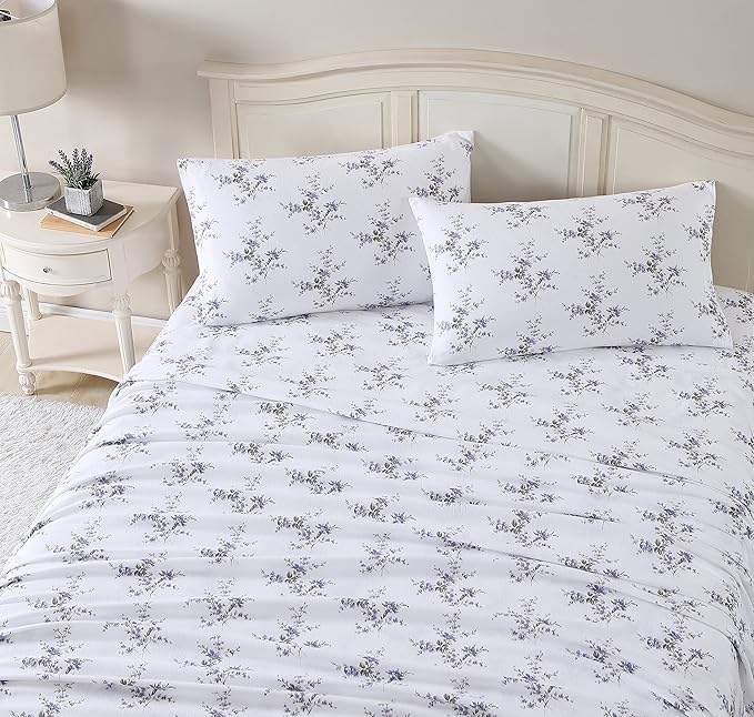Laura Ashley - Flannel Sheets Full Size, Anti-Pilling & Wrinkle Resistant Cotton, Touchably Soft for All-Season Comfort - Bed Sheets with Matching Pillowcases & Fitted Sheet (Jessika Lavender)