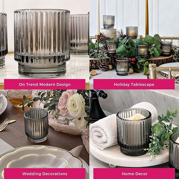Kate Aspen Ribbed Glass Candle Holder Set - 6 Smoke Gray Tealight Holders for Home, Kitchen, Room or Living Room Decor - Vintage Tea Light Votive Accent for Table or Shelf Styling