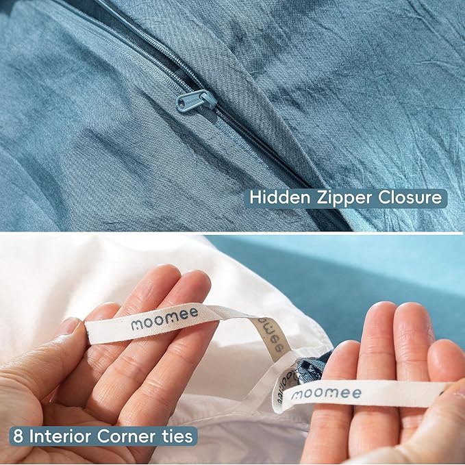 MooMee Bedding Duvet Cover Set 100% Washed Cotton Linen Like Textured Breathable Durable Soft Comfy (Heathered Peacock Blue, King 104"x90")