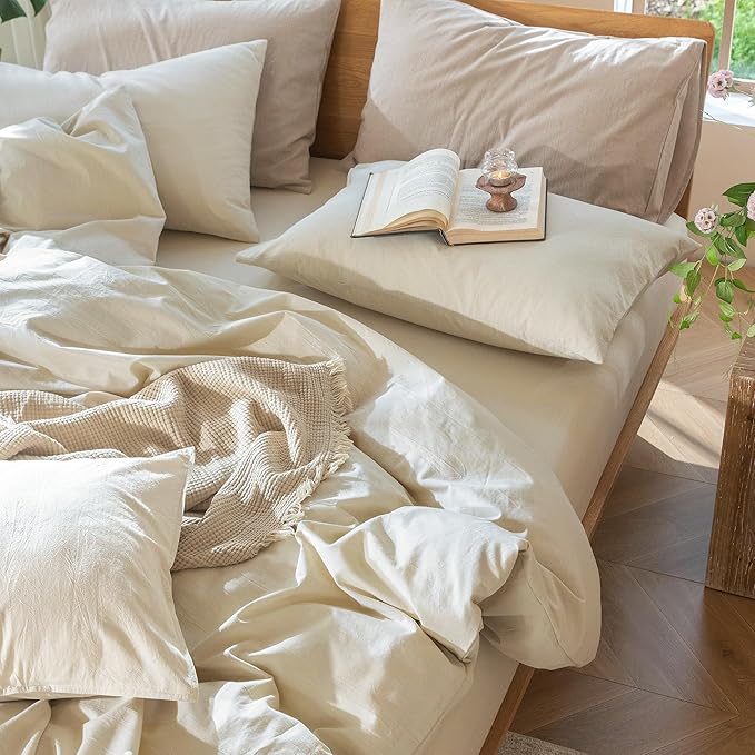 MooMee Bedding Duvet Cover Set 100% Washed Cotton Linen Like Textured Breathable Durable Soft Comfy (Heathered Almond Milk Grey, Oversized King Plus 128"x120")
