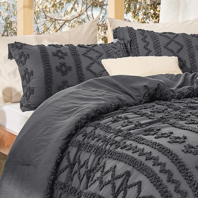 Bedsure Tufted Boho Comforter Set Full Size - Dark Grey Boho Bed Set, GentleSoft™ 3 Pieces Farmhouse Shabby Chic Embroidery Bedding, Gifts for Woman, Soft Jacquard Full Comforter for All Seasons