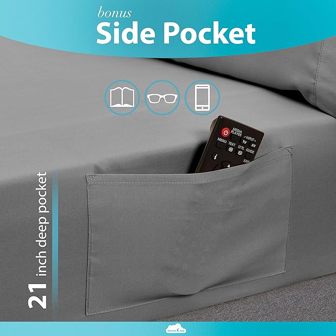 DREAMCARE Twin Sheets - Cooling Bed Sheets - 4pcs Set - Twin Bed Sheets - Twin Sheet Set - Bed Sheets Twin Soft & Long Lasting 100% Fine Brushed Polyester with Side Pocket - Gray