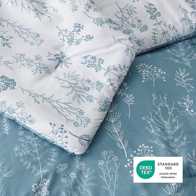 Bedsure Full Comforter Set - Mineral Blue Bed Set, 3 Pieces Cute Floral Bedding, 1 Soft Reversible Botanical Flowers Comforter and 2 Pillow Shams
