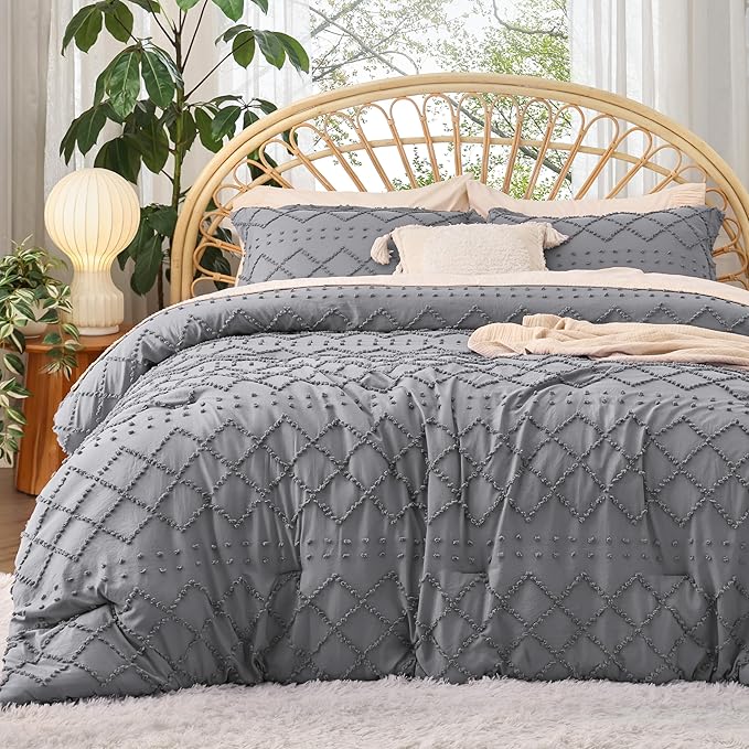Bedsure Full Comforter Set - Grey Comforter, Boho Tufted Shabby Chic Bedding for Kids, 3 Pieces Vintage Farmhouse Bed Set for All Seasons, Fluffy Soft Bedding with 2 Pillow Shams