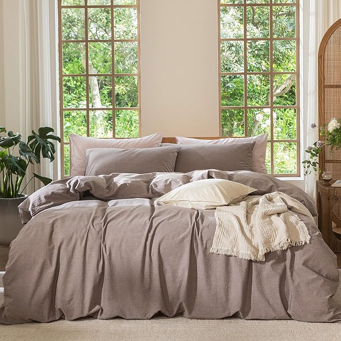 MooMee Bedding Duvet Cover Set 100% Washed Cotton Linen Like Textured Breathable Durable Soft Comfy (Heathered Mauve Brown, King 104"x90")