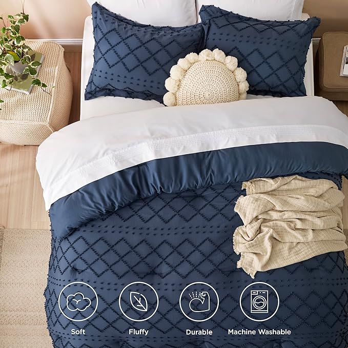 Bedsure California King Comforter Set - Navy Blue Comforter, Boho Tufted Shabby Chic Bedding for Kids, 3 Pieces Vintage Farmhouse Bed Set for All Seasons, Fluffy Soft Bedding with 2 Pillow Shams