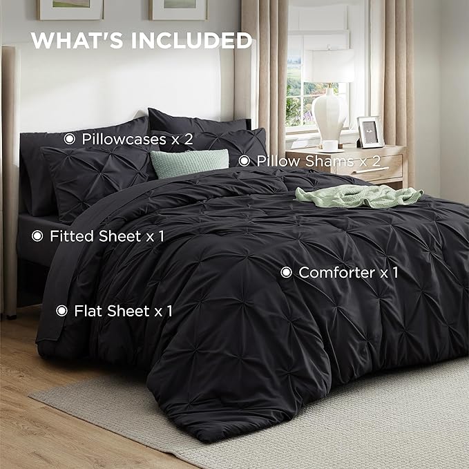 Bedsure Queen Comforter Set Black - Bed in a Bag Queen Size Bedding 7 Pieces, GentleSoft™ Pintuck Bed Set Gift for Family, Pinch Pleat All Season Comforter with Sheets, Pillowcases & Shams