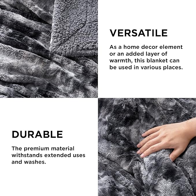 Bedsure GentleSoft Sherpa Fluffy Blanket Queen Size for Bed - Fleece Warm and Cozy for Women Gift, Plush & Fuzzy Faux Fur Christmas Blanket for Couch, Sofa Decor, Tie Dye Design, Grey, 90x90 Inches